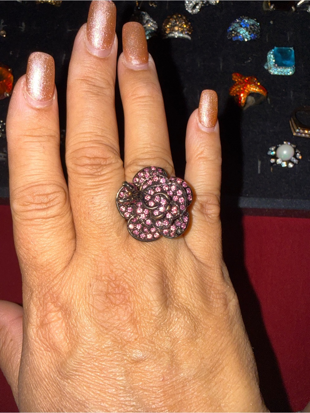Park Lane Rosette Ring Gunmetal with Pink Crystals